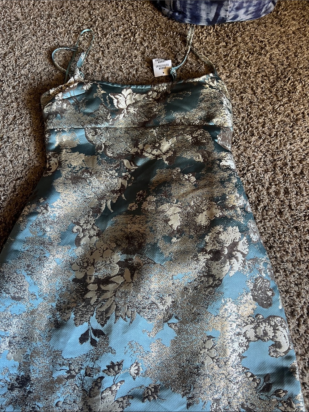 Urban Outfitters Teal and Silver Floral Brocade Mini Dress